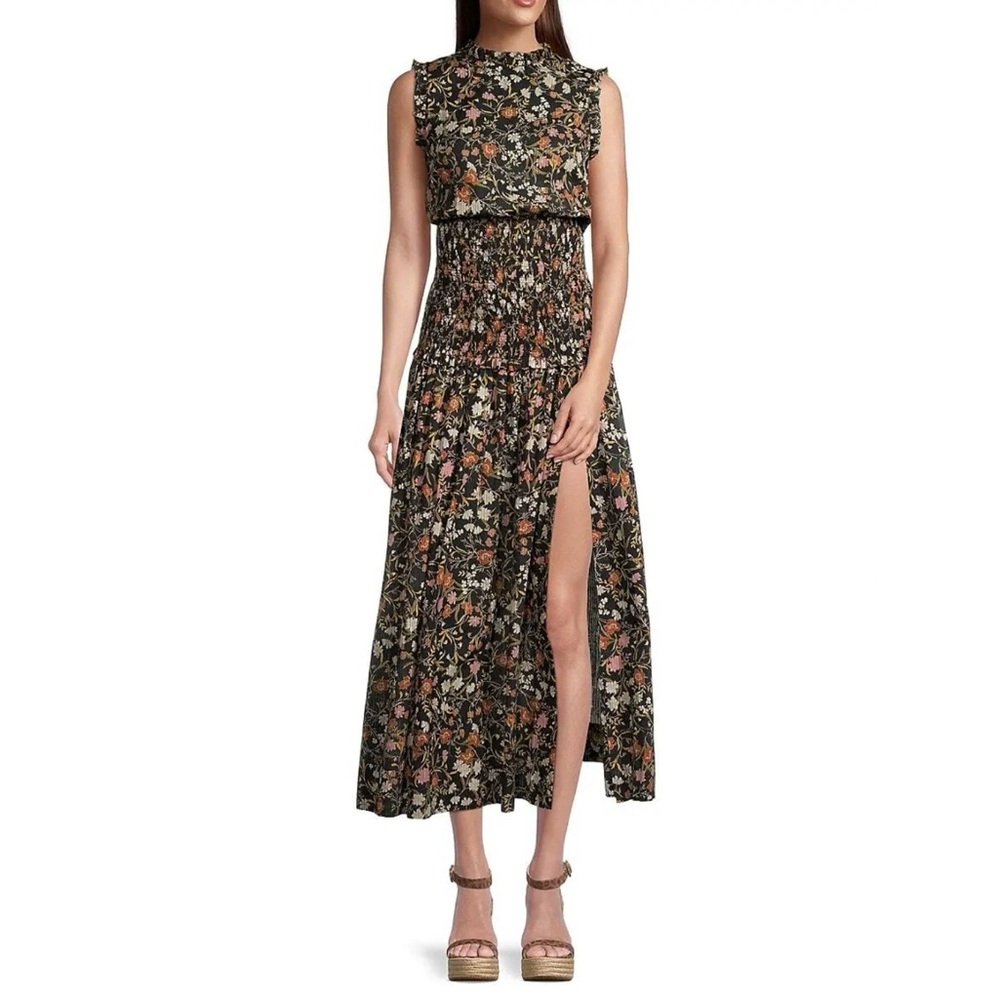 Bec & Bridge Nightshade Midi Dress in Black & Orange Floral